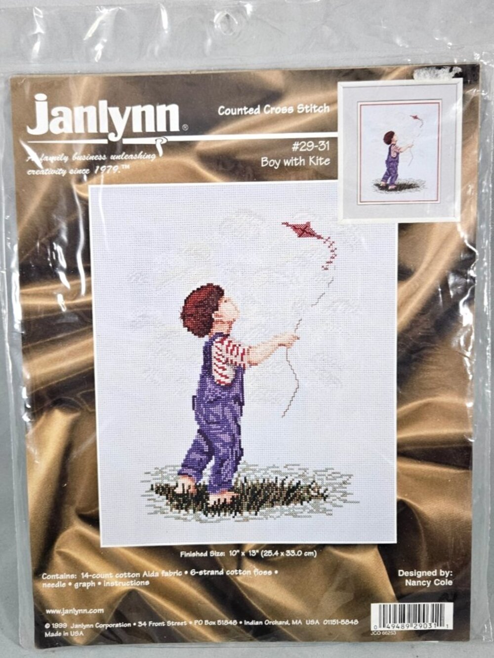 Vintage Janlynn Cross Stitch 29-31 Boy With Kite Whimsical Design by Nancy Cole